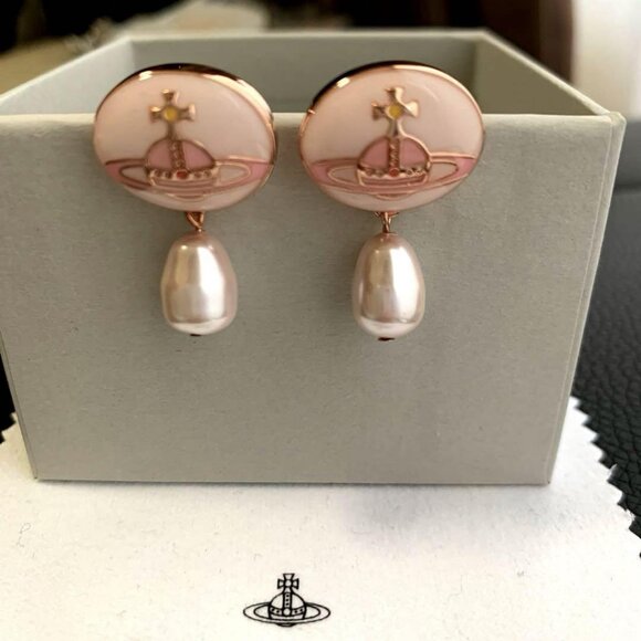 Vivienne Westwood Orb Enamel Button Pearl Pink Earrings 2way With Pouch - Picture 1 of 16